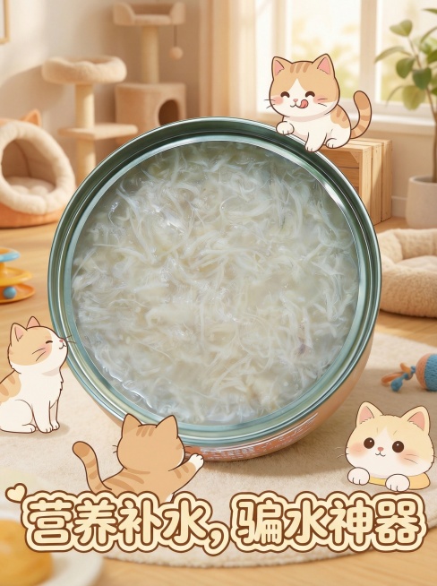 电商场景图，比例3:4，猫罐头产品，文字写：营养补水，骗水神器。文字可爱点预览效果