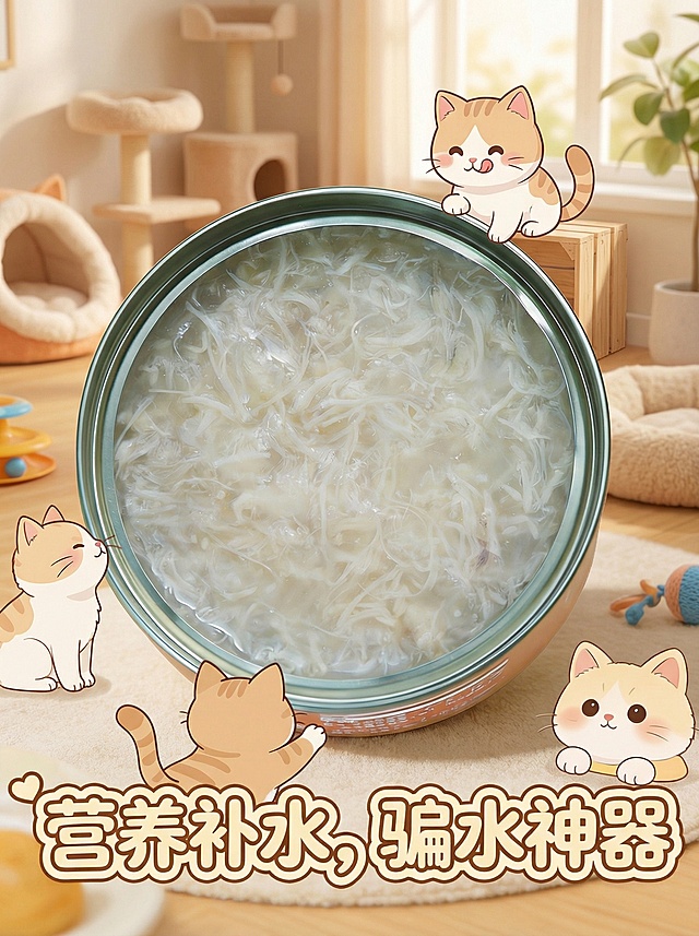 电商场景图，比例3:4，猫罐头产品，文字写：营养补水，骗水神器。文字可爱点