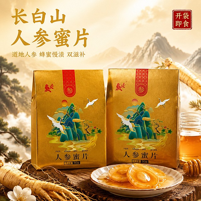 [主图-1] 长白山人参蜜片产品首图 国潮国风养生场景
[氛围风格] 高端国潮风，自然养生氛围感，清晰突出产品
[画质] 商业摄影质感，光线柔和通透，产品清晰真实，画面干净高级，食欲感
[元素] 人参蜜片国风鎏金礼盒居中放置，旁边摆放几片打开的蜜片，能看到通透饱满的参片浸润着蜂蜜，光泽诱人。背景融入浅淡的长白山山林自然意境，搭配淡淡的人参蜂蜜元素点缀。保持产品外观（物理结构、材质质感、颜色）与输入产品图绝对一致，杜绝任何变形和色差，精细化处理。商品主体占比严格控制在60%-80%之间，画面满屏无边框
[光影] 自然暖阳逆光，突出蜂蜜的通透光泽和参片的纹理，光线柔和不生硬，营造温暖滋养的感觉
[配色] 主色调延续产品本身的鎏金红绿色国潮配色，背景浅米色衬托产品
[视角构图] 平视，产品完整展示，景深适中，视觉中心突出
[文字版式] 左上负空间左对齐留安全边距，大字主文案写"长白山人参蜜片"，厚重国潮书法字体，鎏金色粗体；下方辅助短句"道地人参 蜂蜜慢渍 双滋补"，缩小字号同色系。右上角方形印章写"开袋即食"，红色底金色字。所有文字清晰可读，不遮挡主体
[比例分辨率] 1:1比例，2048*2048px，2K分辨率，文字清晰锐利
[负向提示词] 变形，文字错乱，产品图模糊，背景杂乱，水印，电商平台Logo，绝对化违禁词，疾病治疗宣传
