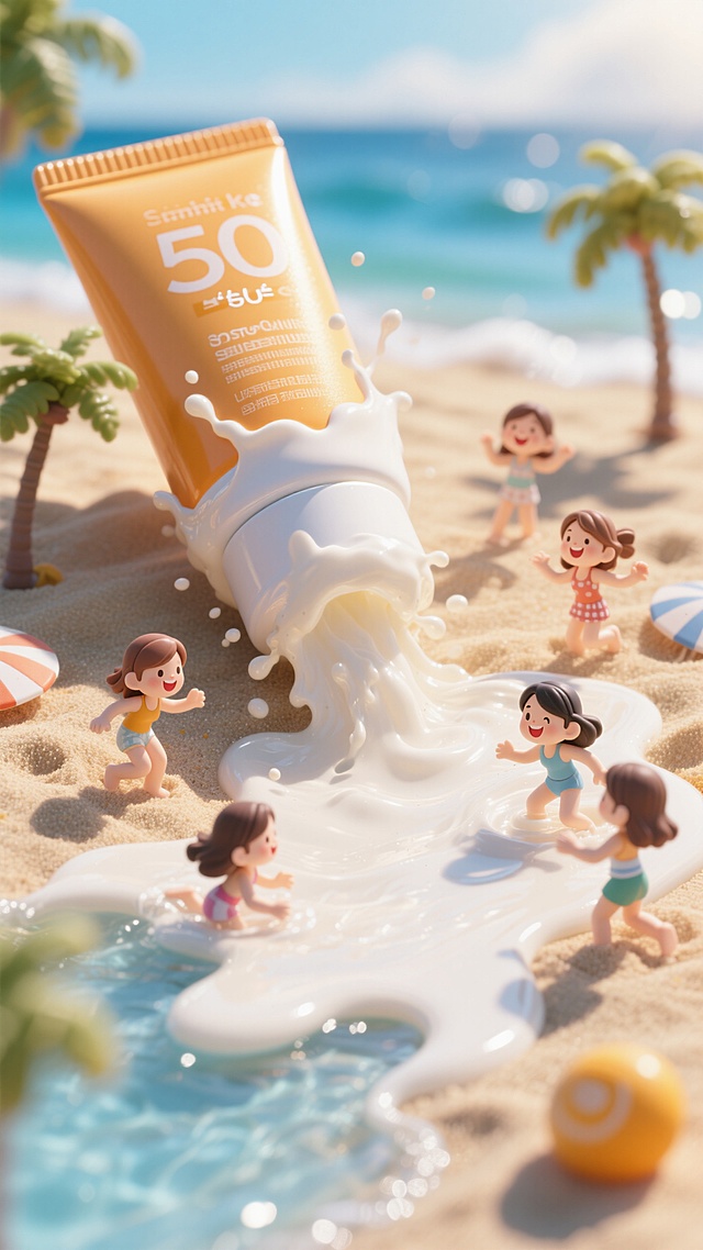 沙滩，一个巨大的防晒霜特写，一群女生在防晒爽溢出的防晒液体里打滚嬉戏