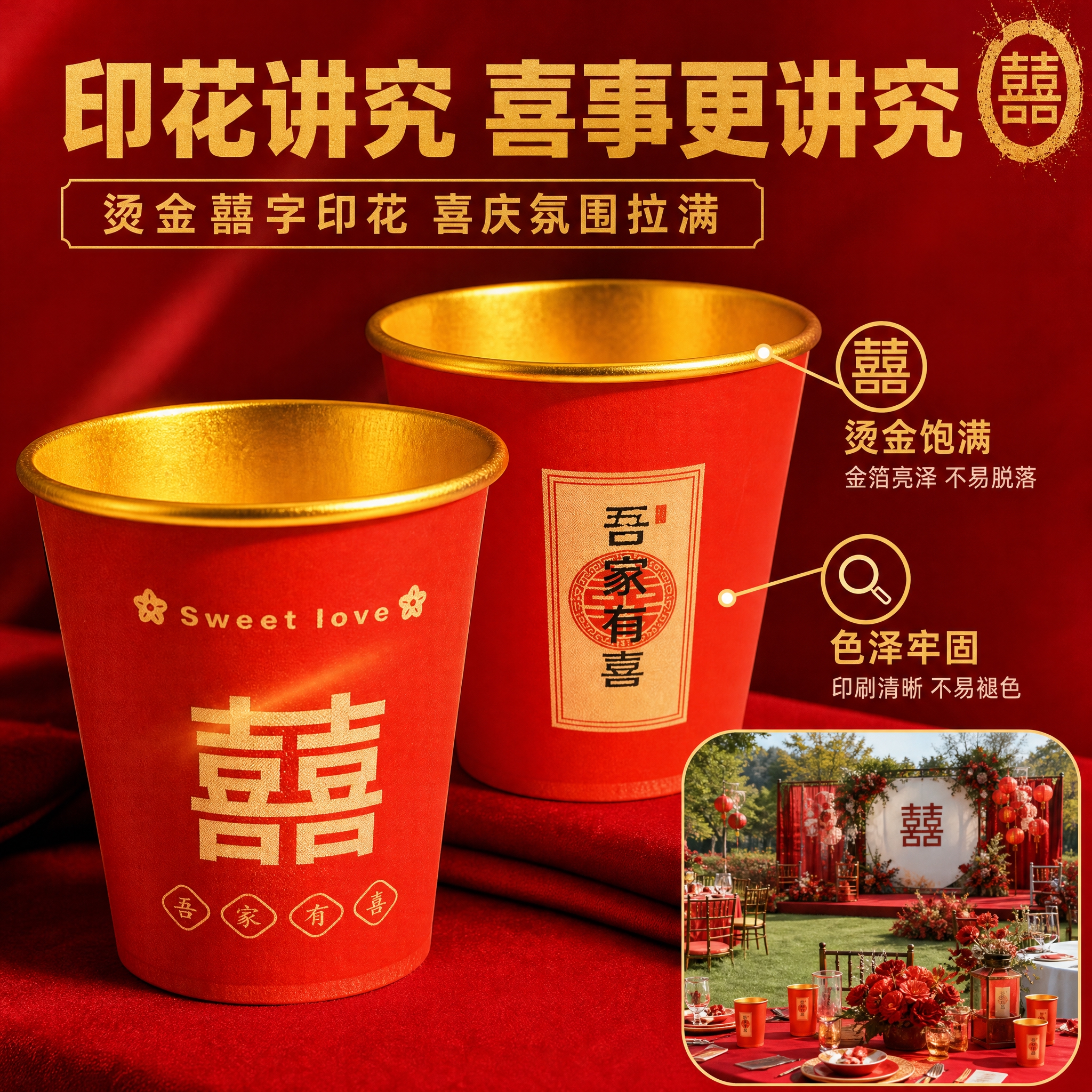 拼多多主图4，正红色加厚金箔一次性纸杯双款组合装（红色喜字款+… - 图片创意预览