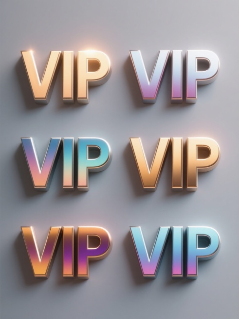 一系列6个不同配色、不同样式、不同材质的「VIP」造型，采用3D立体设计，每个VIP标志具有金属光泽质感，带有渐变色彩效果，光影运用为顶部光源，光线柔和，阴影细节丰富，高光表现明显，整体造型简约现代，规整排布在纯色背景上，无任何文字，无logo，无水印，无装饰元素，信息传达效率高，符合现代设计感。预览效果