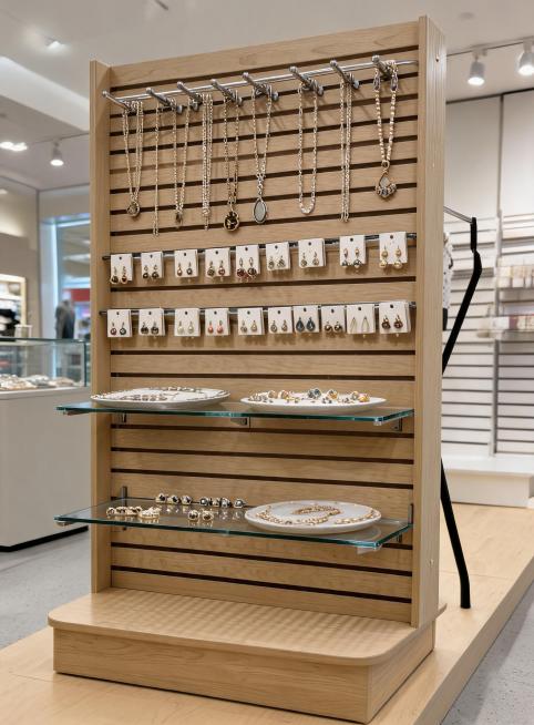 槽柜展示架饰品店场景应用，槽板搭配挂钩，挂钩悬挂各类时尚饰品项链耳环，同时搭配玻璃层架组合陈列饰品，参考挂钩和玻璃层架组合图，展示整体陈列效果，明亮饰品店环境，商业场景摄影预览效果