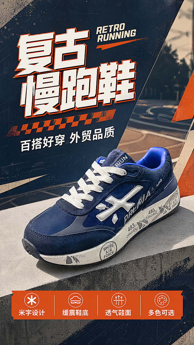 [第1屏] 详情页头图主视觉 - 外贸版兰诺系列米字复古百搭休闲跑步鞋新品宣传海报。本屏使用【图1】中深蓝色款跑鞋作为商品主体。
[氛围/风格] 复古运动风 + 拼多多高性价比大字报风格，深蓝灰主色调配橙红色点缀，商业摄影质感，画面有冲击力。
[元素布局] 深蓝色跑鞋置于画面右侧偏中下位置，占比约55%-60%，鞋身45°斜侧视角，米字logo、白色鞋带、蓝色鞋口、涂鸦鞋底等细节清晰可见；左侧留标题区；背景为复古运动场景虚化，有跑道线条、运动光影颗粒、几何色块装饰；底部有浅灰色台面承托鞋子，投射自然阴影。鞋身结构、材质、颜色、米字标志与输入产品图保持一致。
[光影质感] 左上方主光照明，右侧辅光勾勒鞋身轮廓，鞋底下方柔和投影，整体明亮通透，鞋面绒面质感和拼接材质层次分明。
[配色色系] 全局底色 #1E2A44（深蓝灰）；主色 深蓝色跑鞋 + 白色鞋带；辅助色 橙红色卖点标签、浅灰台面；点缀色 米白英文装饰。
[视角构图] 45°斜侧微仰视，产品为视觉中心，阅读动线左上标题 → 右侧产品 → 底部卖点条。
[文字版式] 版式为左上大标题 + 右侧产品 + 底部横条卖点。主标题「复古慢跑鞋」，粗黑体大字，白色带橙红色描边；副标题「百搭好穿 外贸品质」，白色中号字，位于主标题下方；标题旁小号英文装饰「RETRO RUNNING」；底部横条内4个短卖点标签：「米字设计」「缓震鞋底」「透气鞋面」「多色可选」，橙红色底白字；文字不遮挡鞋身主体。
[比例分辨率] 9:16 竖版比例，4K分辨率，文字清晰可辨，高清画质。
[负向提示词] 鞋身变形，缺件错件，颜色偏差，米字标志错误，水印，文字错乱，文字过小，产品图模糊，背景杂乱，拼多多logo或平台水印。