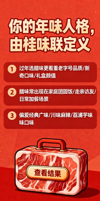 桂味联年终大促H5设计（4页版）<br/> <br/>第一页：封面页<br/> <br/>- 视觉设计：以动态柳州年味街景为背景，融入桂味联腊肠、腊肉的手绘插画，画面中央用加粗艺术字显示**“测年味人预览效果