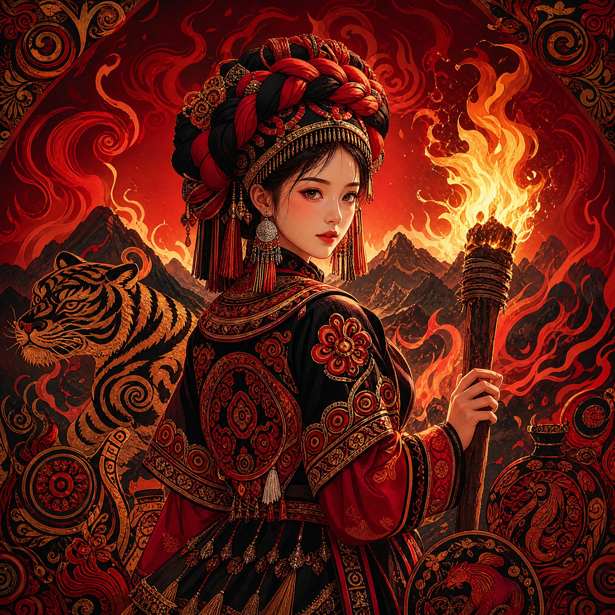 国潮插画，彝族主题，一位彝族少女身着火把节盛装，头戴英雄结头饰… - 图片创意预览
