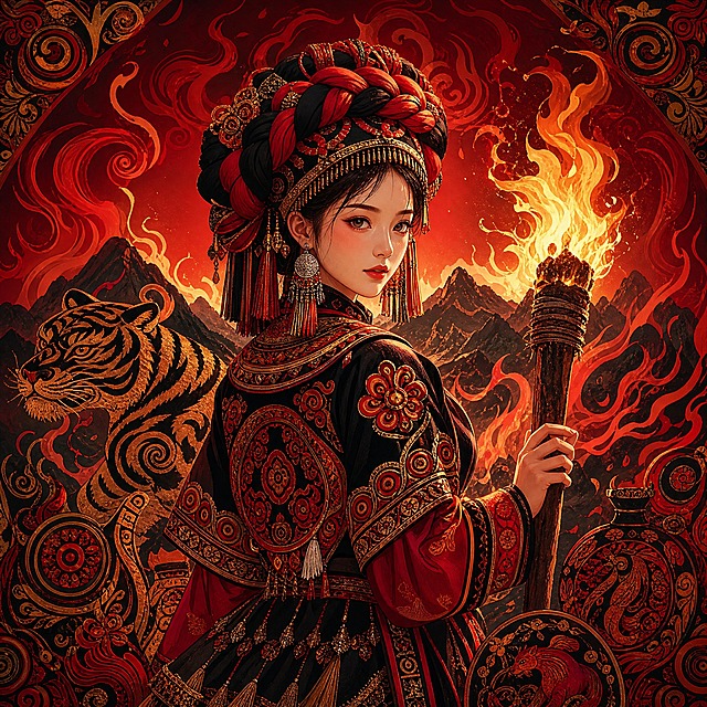 国潮插画，彝族主题，一位彝族少女身着火把节盛装，头戴英雄结头饰，衣服上有精美的刺绣图案，手持火把，身后是火焰和群山，周围有老虎图腾、漆器纹样装饰，背景是深红色渐变和火焰纹图案，画面中无任何文字，国潮风格，红黑金配色，热烈神秘