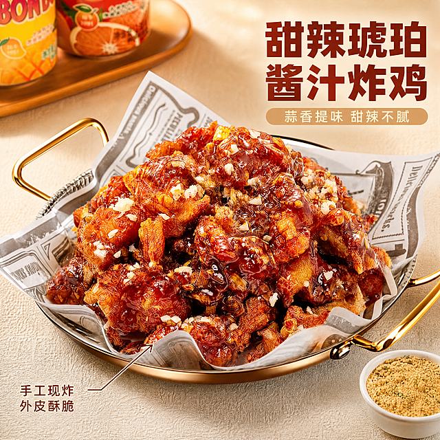 [主图-2] 琥珀甜辣炸鸡核心展示。[氛围风格] 亮泽诱人食欲感，温暖韩式餐吧氛围；[画质] 商业美食摄影质感、光线通透油亮、炸鸡清晰真实、酱汁光泽感十足。[元素] 满满一盘裹满琥珀甜辣酱的炸鸡块，表面撒着蒜香碎粒，酱汁油亮反光，装在带金把手的浅盘里；保持炸鸡裹酱后的外观（物理结构、酱料色泽、颗粒质感）与输入产品图绝对一致，杜绝任何变形和色差，精细化处理。商品主体占比严格控制在70%左右，画面满屏无边框。[光影] 侧上方暖逆光穿透酱汁，突出糖浆油亮通透感，高光点缀在酱料表面，阴影柔和不死黑，提升诱人食欲。[配色] 主色调红亮琥珀棕，辅以餐具金色和浅米背景，暖调浓郁。[视角构图] 45度斜俯视，炸鸡完整居中，轮廓不裁切。[文字版式] 右上负空间右对齐留安全边距，大字文案写"{甜辣琥珀} 酱汁炸鸡"，红棕色加粗无衬线；辅助文字写"蒜香提味 甜辣不腻"，字号缩小，浅米色。左下添加引线标注"手工现炸 外皮酥脆"，引线纤细指向炸鸡，文字清晰。[比例分辨率] 1:1 比例，4k 分辨率；文字清晰可辨，超高清。[负向提示词] 变形，水印，文字错乱，产品图模糊，背景杂乱，酱汁浑浊，冷色调。