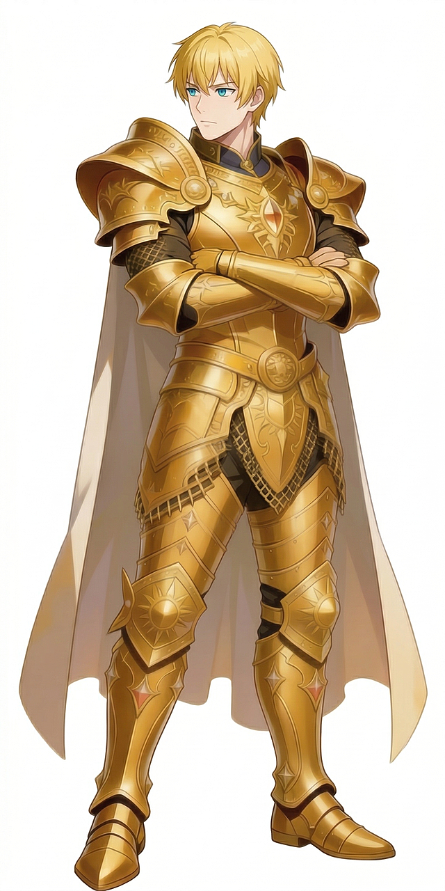 动漫风与重拟物结合，金色铠甲闪耀鎏金质感，细节繁复彰显奢华与神圣，古典骑士形象尽显威严气度。