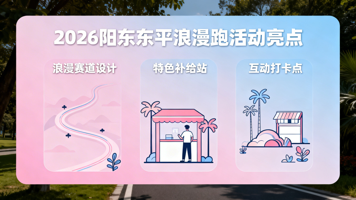 2026阳东东平浪漫跑活动亮点PPT页面，浪漫风格，延续淡粉浅蓝渐变色调，设置3-4个亮点展示模块，搭配浪漫赛道设计、特色补给站、互动打卡点相关的简约插画，排版层次清晰，内容直观易读，适合汇报展示预览效果