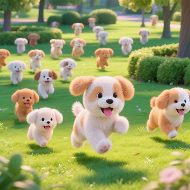 许许多多的小狗宝宝，在公园里奔跑，舌头伸出来呼哧呼哧地喘气预览效果