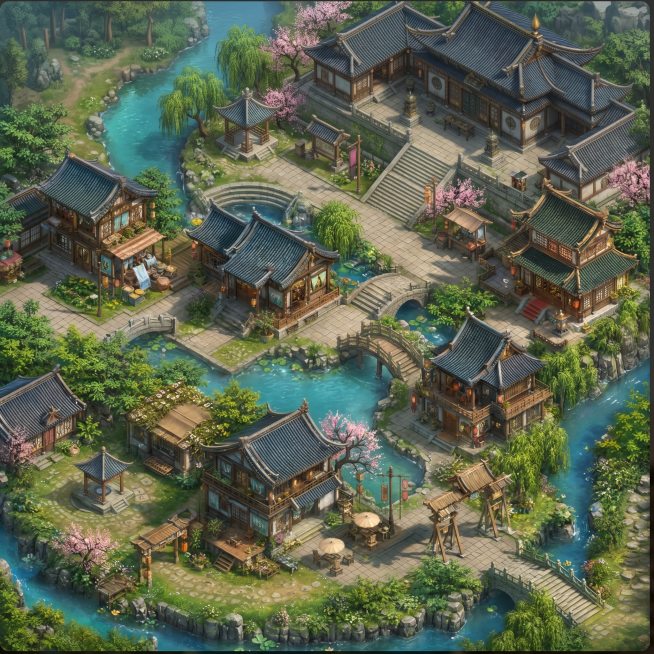 保留原图古风斜45度俯视角古建城镇风格，生成一张相同清晰度、风格一致的图像，整体建筑布局进行大幅调整改变，保留中式古建、河流、小桥、绿植、桃花的元素，整体氛围和细节质感和原图一致预览效果