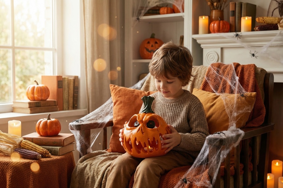 一张万圣节氛围的家居场景图，一个可爱小男孩双手捧着橙色恐怖南瓜头摆件，保持南瓜主体物理结构不变，强制保留南瓜主体和瓜蒂。场景是家中布置的万圣节主题角落，暖橙色复古装饰，深色木质家具点缀蜘蛛网和小南瓜装预览效果