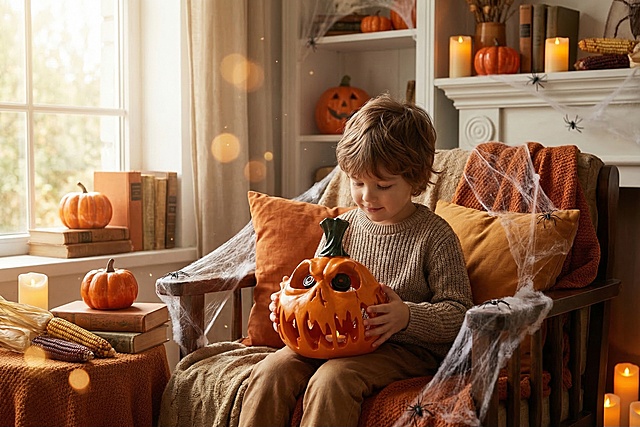 一张万圣节氛围的家居场景图，一个可爱小男孩双手捧着橙色恐怖南瓜头摆件，保持南瓜主体物理结构不变，强制保留南瓜主体和瓜蒂。场景是家中布置的万圣节主题角落，暖橙色复古装饰，深色木质家具点缀蜘蛛网和小南瓜装饰。采用经典侧逆光勾勒轮廓，柔光补光照亮暗部，商业高调摄影，柔和漫射光从窗边射入，前中后景层次分明，三分法构图，画面氛围神秘又温馨，添加漂浮的空气尘埃和暖调光斑增加氛围感。负向提示词：瓶身扭曲、Logo变形、缺失的部件、悬浮的物体、变形的手柄、摄影灯、柔光箱、三脚架、水印、文字、昏暗光线、死黑阴影、畸变透视、比例失调