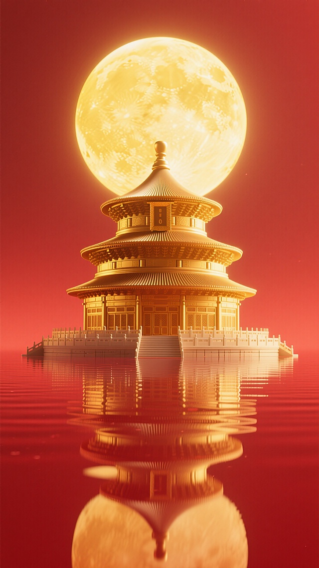 画面居中展示金色的天坛剪影，背后是巨型的黄色圆月，底部有红色水面倒影，红色渐变背景