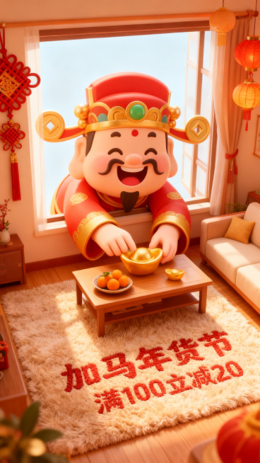 3d卡通风格，客厅景观。Q版巨大灶王爷（形象软萌）从窗户外探身进来，双手把图中主体放在客厅桌上（桌面摆放橘子、果盘），客厅装饰中国结、灯笼元素，暖色调喜庆氛围，画面底部毛绒地毯上绣着“加马年货节”“满预览效果