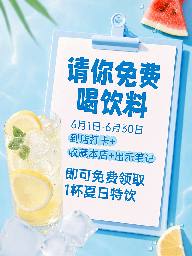请你免费喝饮料店铺拓客引流宣传清新蓝调小红书封面
