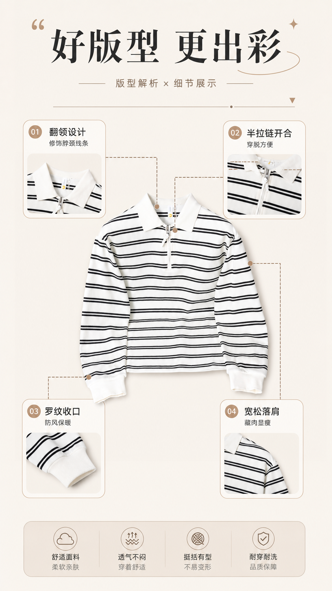 [第3张] 版型与结构解析页-黑白条纹半拉链翻领长袖Polo卫… - 图片创意预览