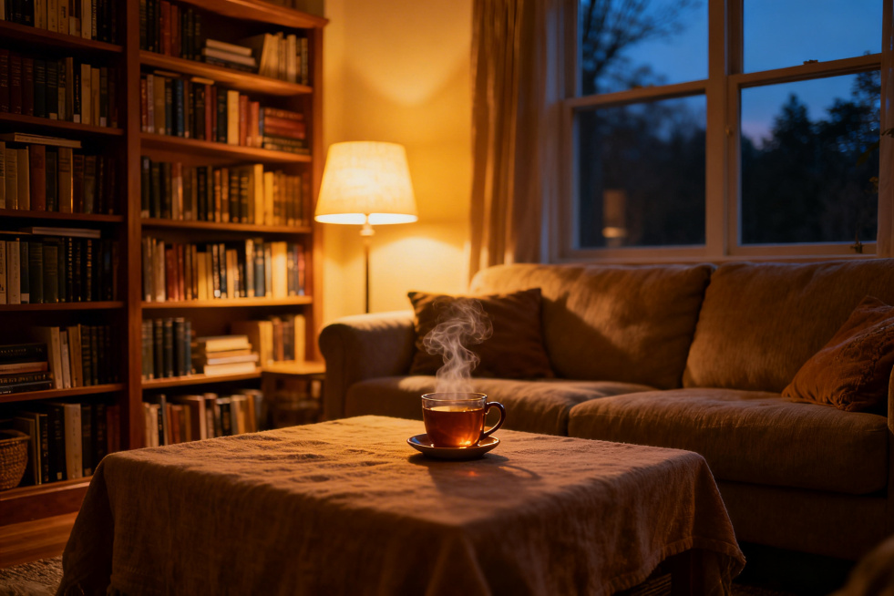 温馨的家，暖黄色柔和灯光，客厅摆放着柔软的布艺沙发，茶几上放着冒着热气的茶杯，背景是摆满书籍的落地书架，窗外是静谧的夜景，整体氛围温暖治愈预览效果