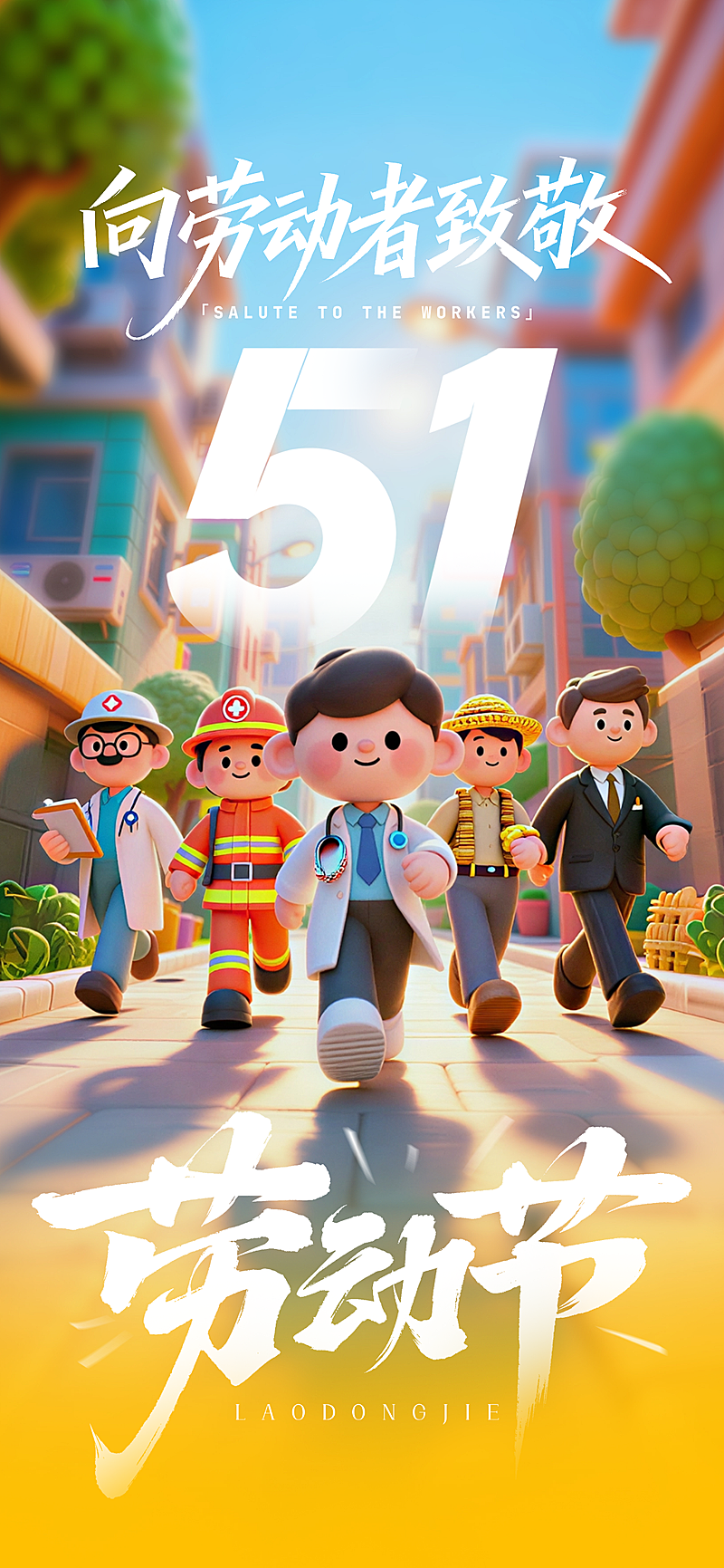 劳动节节日祝福职业人物全屏竖版海报
