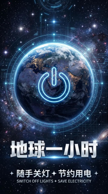 深邃星空背景的地球一小时竖版公益海报，科技质感风，居中构图。写实地球模型叠加蓝色电源符号。文字部分：中部白色金属质感字 "地球一小时"，底部白色字 "随手关灯 ✦ 节约用电" 与对应英文。预览效果
