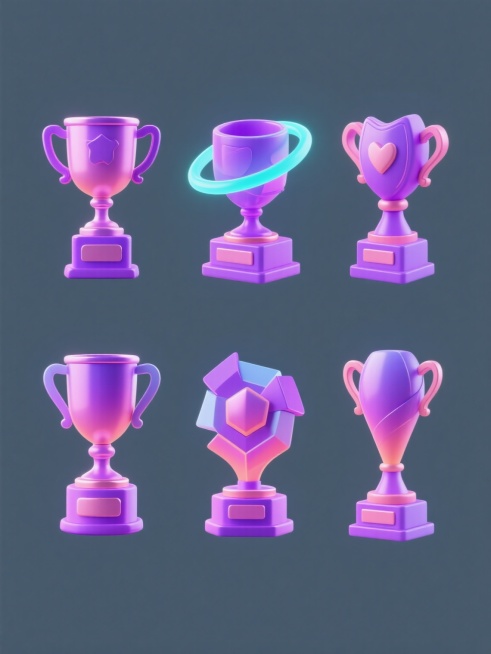 一套6个完全不同造型的游戏奖杯系列素材集合，规整排布。包含紫色奖杯、光环环绕的奖杯等不同形态，保持3D立体风格，光滑细腻的渐变色彩质感，鲜艳明快的色彩搭配，逼真的光影效果，每个奖杯造型独特，细节丰富，预览效果