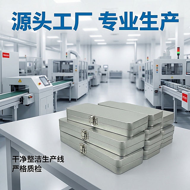 [主图主题] 源头工厂实拍展示马口铁铅笔盒生产实力
[氛围/风格] 干净真实，充满工厂实力感
[画面元素] 画面主体是明亮干净的马口铁冲压生产车间局部，背景虚化，前景桌面上整齐码放着多个成品马口铁铅笔盒，光线充足明亮，突出专业生产氛围，铅笔盒产品和原图外观保持100%一致，背景铺满全屏无边框。
[配色色系] 主色调：浅灰工厂环境；辅助色：品牌红点缀，科技蓝文字
[视角构图] 平视景深，突出前景成品，背景虚化
[文字版式] 主标题"源头工厂 专业生产"，字体粗无衬线，颜色科技蓝，悬浮在画面上方留白处；左下角文字"干净整洁生产线 严格质检"，字体白色，不遮挡产品主体，保持极简悬浮。
[分辨率] 2k分辨率