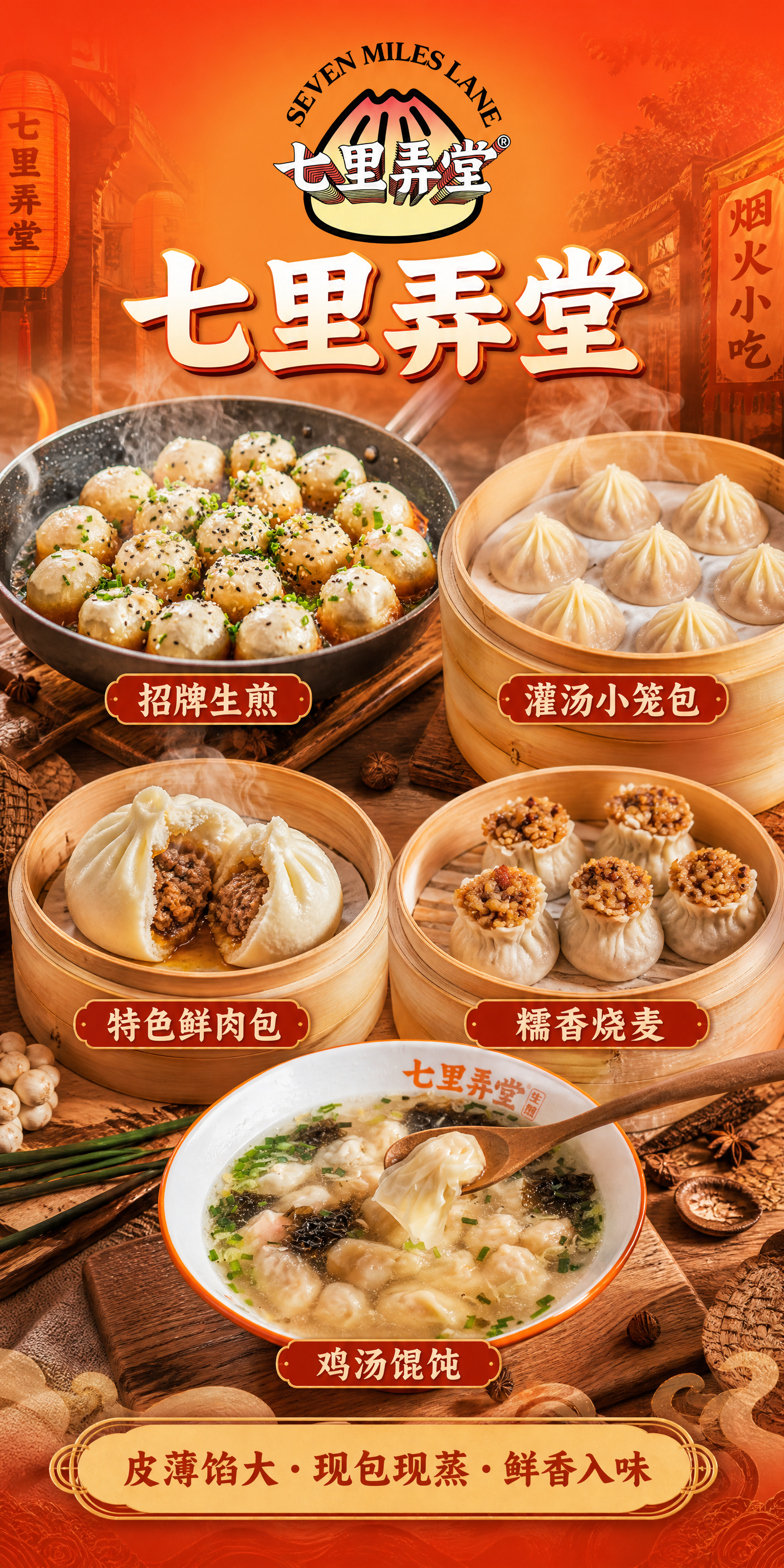 中式餐饮品牌竖版海报，暖橙红色渐变背景，顶部居中放置「七里弄堂… - 图片创意预览
