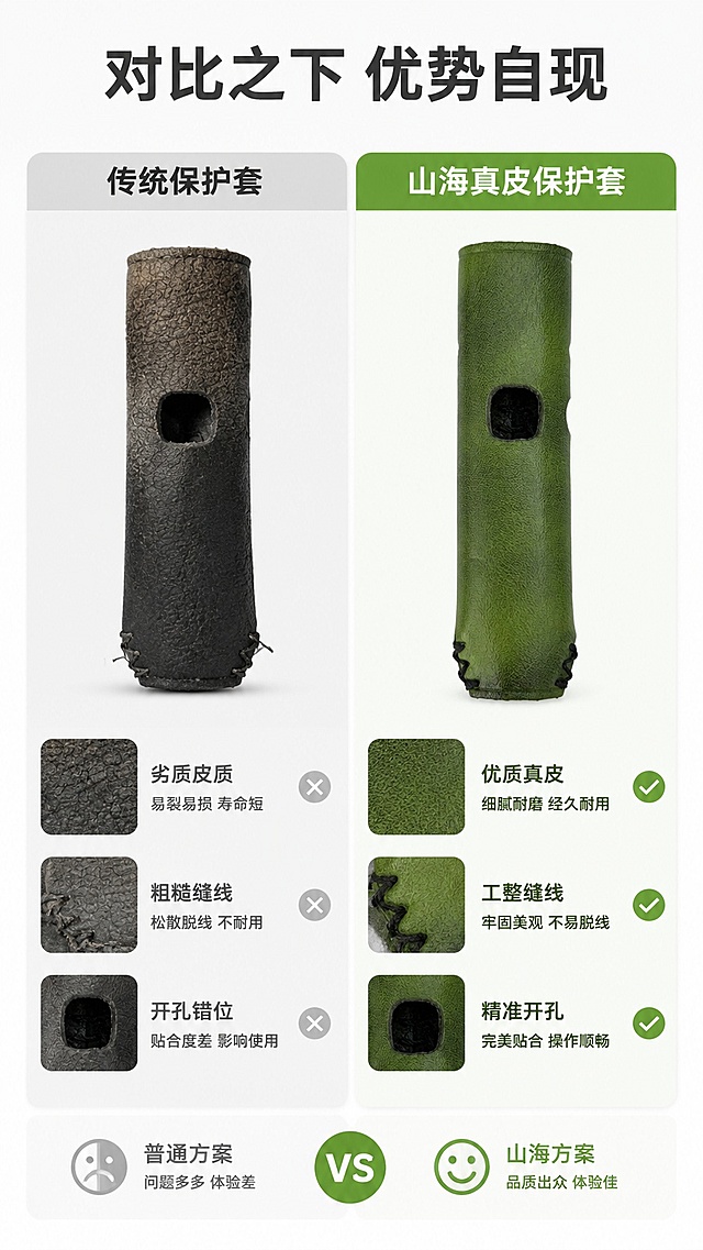 [第6屏] 使用对比-传统保护套vs山海真皮保护套。本屏使用【图1】作为本款产品展示主体。
[氛围/风格] 清晰分栏对比，理性直观，突出差异优势。
[元素布局] 左右分栏对比布局：左栏为普通保护套，标注普通方案，展示劣质皮质、粗糙缝线、开孔错位问题示意图；右栏为本款山海真皮保护套，使用【图1】保持产品原有外观，展示优质真皮、工整缝线、精准开孔优势，产品外观与原图一致。
[光影质感] 均匀布光，左右光影一致，对比清晰，文字都清晰可读。
[配色色系] 全局底色 #FAFAFA；左栏浅灰底，右栏保留产品绿色，深灰文字，绿色优势标签。
[视角构图] 左右对称分栏，居中对比，从左到右阅读动线。
[文字版式] 顶部通栏标题「对比之下 优势自现」，左右栏顶部标注「传统保护套」和「山海真皮保护套」，每个维度对比标注核心差异文字，字号适合移动端阅读。
[比例分辨率] 9:16 竖版比例，4K分辨率，文字清晰可辨，高清画质。
[负向提示词] 排版混乱，文字过小，文字错乱，本款产品变形，颜色偏差，贬损性标注违规。