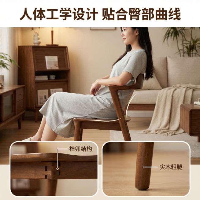 [主图 2] 实木椅子人体工学贴合卖点展示图
[氛围/风格] 温馨居家氛围，北欧新中式混搭风格，柔和暖光，保持和主图1一致的光影与背景风格
[画面元素] 保留用户原图椅子外观造型，一位亚洲女性模特（身预览效果
