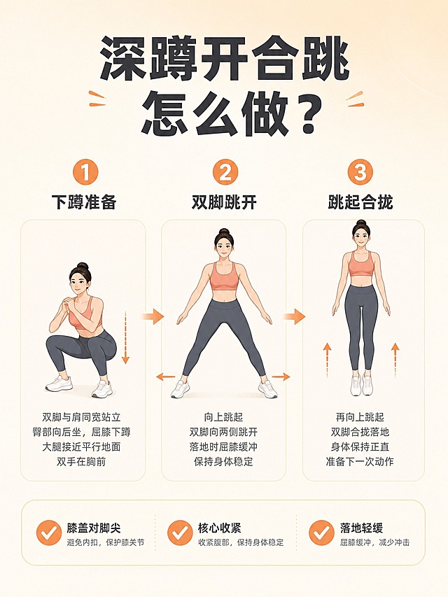 [主图-3] 主题：深蹲开合跳动作拆解 核心任务：用步骤图讲清一个代表动作的正确做法，体现专业、细节和零基础友好。
[统一基调] 暖白风格，整体米白与浅奶杏色为主背景，点缀少量暖橙与浅珊瑚色作为强调色；字体用简洁无衬线粗体，标题字色为深炭灰，辅助文字为中灰，强调数字或关键词用暖橙色；卡片用圆角轻描边，图标为线性简约风，整体干净通透、有小红书原生笔记感，不做厚重电商广告风。
[画面] 画面上方居中放主标题“深蹲开合跳 怎么做？”，下方分三步横向排列：第1步“下蹲准备”、第2步“双脚跳开”、第3步“跳起合拢”。每一步配一个做对应阶段动作的女生半身或全身插画，动作标准，用箭头指示运动方向；步骤编号用暖橙色圆形底白字突出。画面底部加一个横向圆角提示条，写3个动作要点：“膝盖对脚尖”“核心收紧”“落地轻缓”，每个要点前配小对勾图标。
[光影质感] 柔和均匀光，人物插画干净利落，步骤之间用细箭头连接形成流程感；背景保持暖白渐变，无多余杂物。
[配色] 背景暖白，步骤编号圆底暖橙白字，步骤标题深炭灰，说明文字中灰；底部提示条为浅奶白底加细边，文字深灰。
[文字版式] 主标题顶部居中最大最粗；三步横向等距排列，编号在上、人物在中、文字在下；底部提示条横向占画面宽度约85%，三要点均匀分布；所有文字横排，清晰可读，不遮挡人物关键动作。
[输出要求] 比例3:4，文字清晰，步骤逻辑清楚，动作标准；负向：禁止变形、错字、模糊、动作不规范、人物面部扭曲、水印、平台Logo。