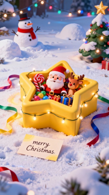 3D卡通风，皮克斯风格圣诞海报，在一片雪地上，特写视角，地上放着一个很大的黄色倒角圆滑的五角星礼盒，圆润的五角星形状，盒身缠绕着一圈可爱发光灯串，礼盒内部塞满物品：圣诞老人玩偶、各种彩色糖果、一个麋鹿预览效果
