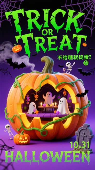 一张万圣节主题海报，视觉嵌套式构图，以巨大南瓜头为核心容器，内部呈现微型幽灵派对场景，深紫色与黑色为主色调，搭配荧光绿与橙色点缀，局部明黄色增加对比，背景深紫到黑色渐变。装饰元素包括蜘蛛网、蝙蝠群、魔预览效果