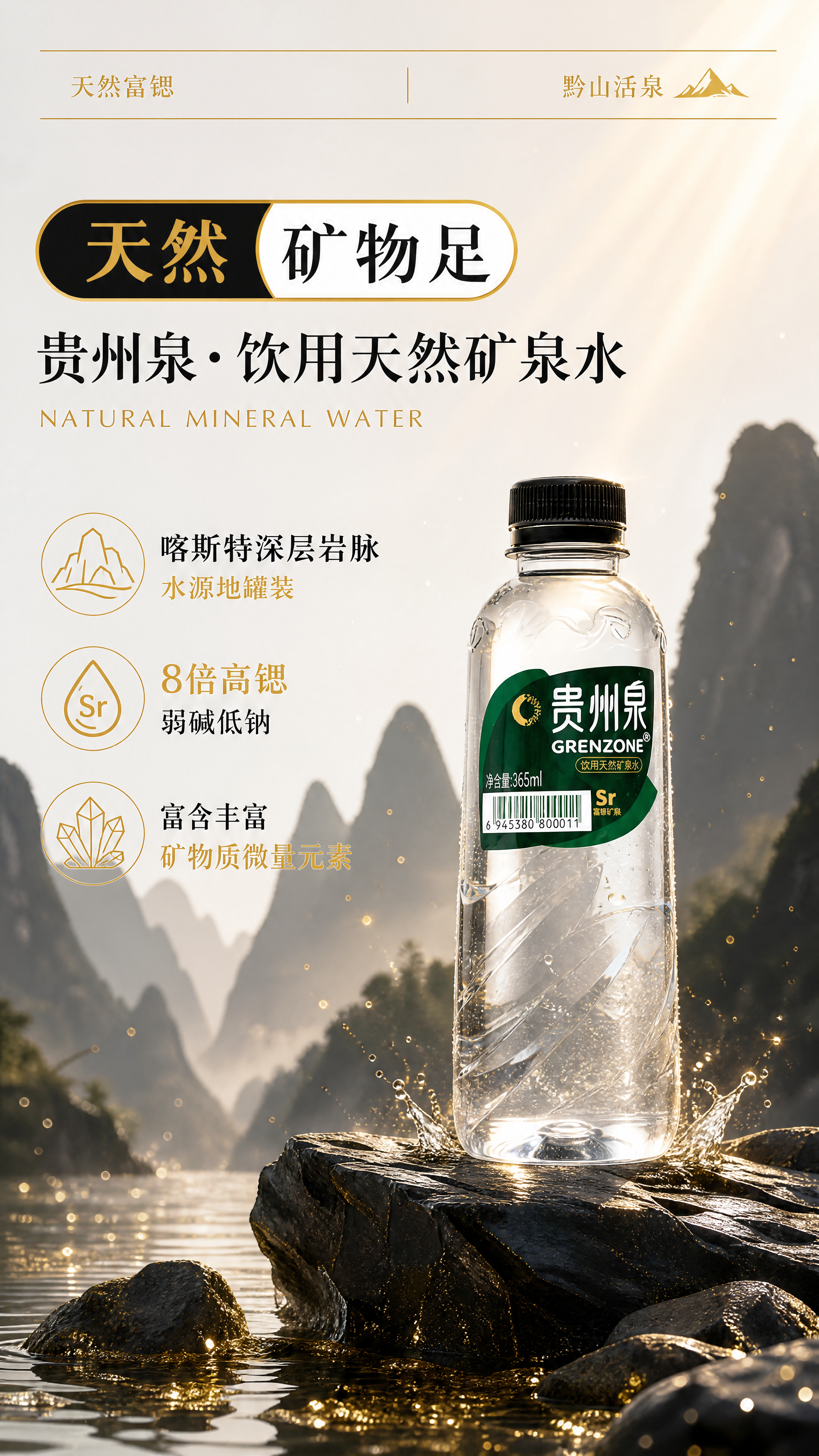 [小瓶第1屏 统一黑金风格版] 贵州泉饮用天然矿泉水365ml… - 图片创意预览