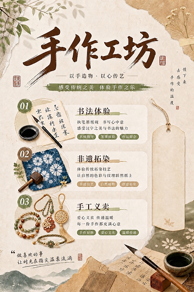将手工义卖旁边的插图更换为手工串珠和手工编织品的插画，比如串珠手链、编织挂件、编织手绳等，风格与整体设计协调统一。其他所有内容保持不变。高清输出