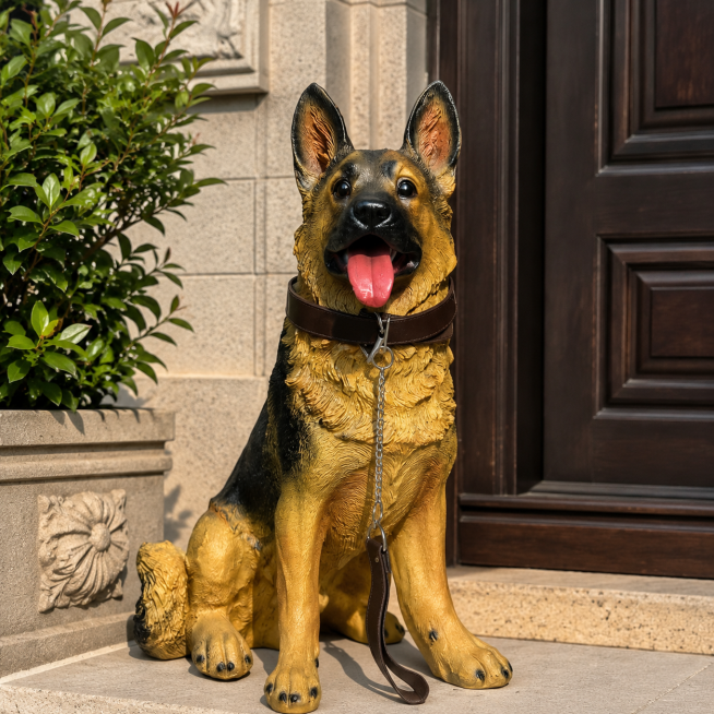 高度还原德国牧羊犬狼犬矫健体态，正坐吐舌，神态威严锐利，线条硬朗流畅，象征忠诚守护，可用于庭院、入户门口、花园、阳台、别墅造景镇宅装饰摆件，寓意忠诚平安，大气格调预览效果