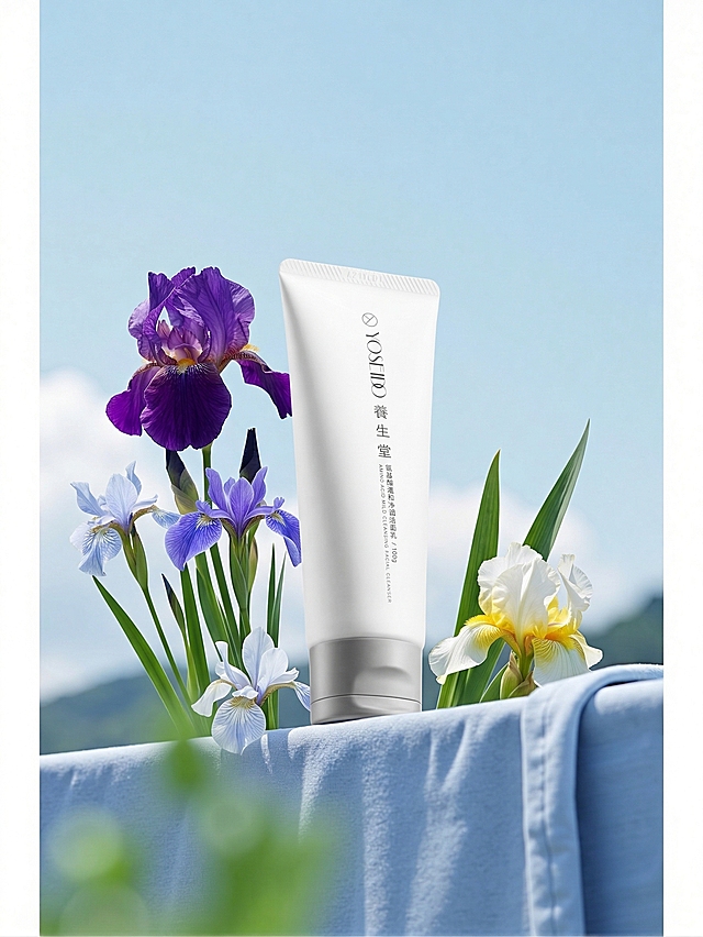 图1瓶身替换为图2洁面乳管身，花变不同形状的鸢尾花