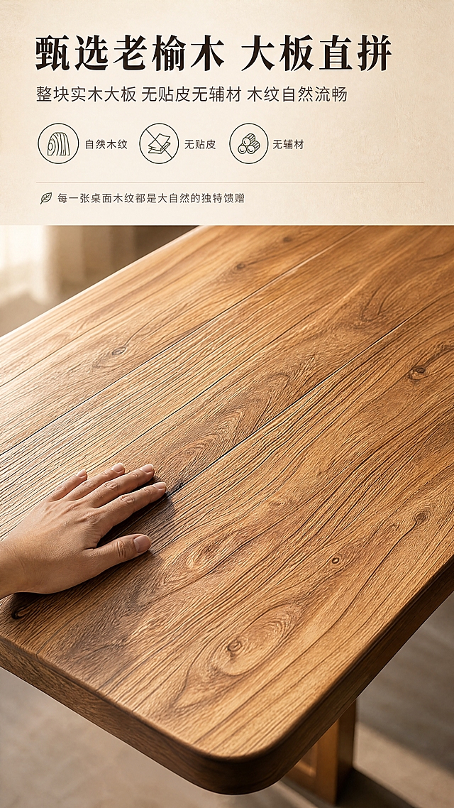 [商品] 使用【图3】老榆木桌面木纹特写图；保留大板直拼结构、自然木纹纹理、老榆木暖棕色、圆角边缘；增强木纹肌理与拼接缝细节，使木材纹理更清晰自然，不改变桌面结构与颜色。
[画面] 页面目标：材质工艺证明，突出老榆木整块实木大板、无贴皮无辅材、木纹自然流畅。构图：上文下景，顶部约1/4文案区，下方桌面大特写占画面约70%，桌面呈45°俯角，左下角加入一只手轻轻抚摸桌面木纹，体现真实触感；前景桌面木纹清晰，后景虚化桌腿与地面，形成前实后虚的层次感。
[视觉] 套系策略：风格=侘寂原木风高级商业摄影；标题字=现代宋体粗体；正文字=简洁无衬线体；主色=老榆木暖棕；背景延展=基于暖棕做深浅层级、米白背景同色系质感；强调色=橄榄绿，仅用于小面积图标、引线和标签；标题色=深炭棕；正文色=中暖灰；组件=圆角浅木色信息卡、细线引线、木纹图标；光影=左前侧暖自然光，柔和突出木纹肌理。
[文字] 顶部文案区：主标题"甄选老榆木 大板直拼"，副标题"整块实木大板 无贴皮无辅材 木纹自然流畅"，下方3个木纹图标+短标："自然木纹""无贴皮""无辅材"；底部小字说明"每一张桌面木纹都是大自然的独特馈赠"；文字全部横排，不遮挡桌面核心木纹区域。
[规格] 图片比例9:16竖版，4K，负向提示：避免变形、错字、文字过小、冷蓝/蓝灰背景、木纹失真、桌面结构改变、绝对化用语、平台Logo水印。