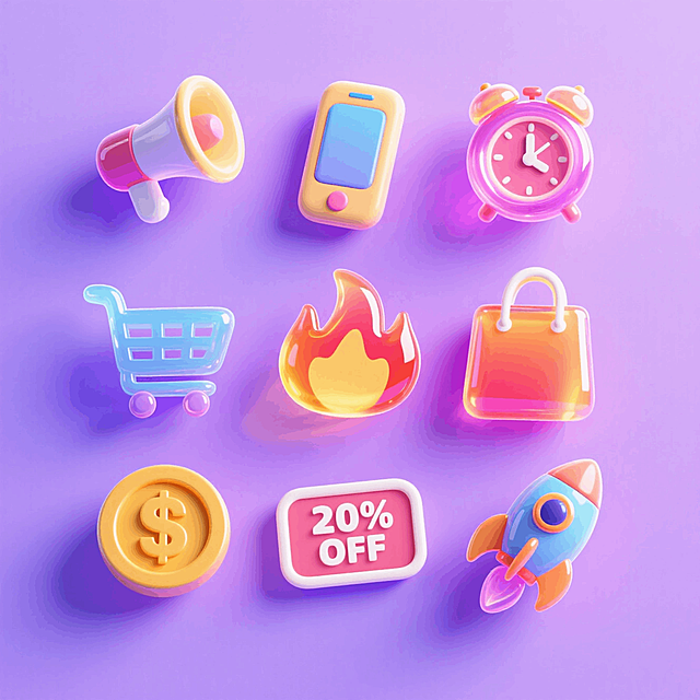 9个Q版图标（元素独立区域）：喇叭，闹钟，手机，购物推车，火焰，购物袋，金币，标记“20% OFF”的牌子，火箭，撞色，淡紫色背景