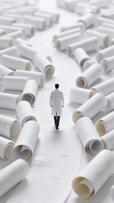 许许多多医院报告单卷曲成蜿蜒纸路，医生独行纸路中心（背影 ），白色色调；预览效果