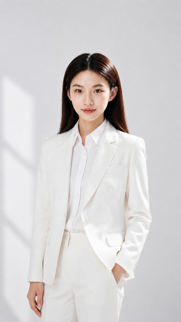 保持人物面部不变和白色西装职场女性形象，调整姿势为随意自然的半身站姿，干净简约背景预览效果
