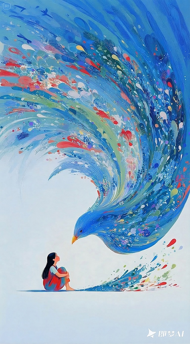 梦幻感十足的插画风作品，以水彩与粒子技法呈现超现实主义巨鸟，拟人化少女仰望，色彩斑斓如梦境，唯美动人。