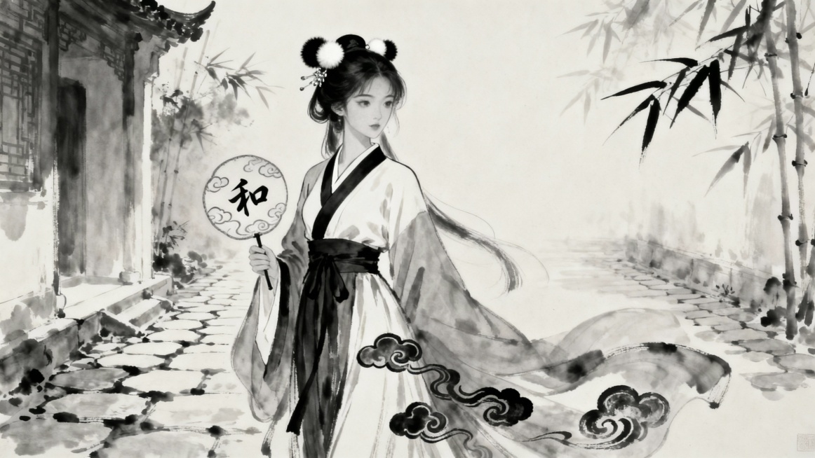 调和者（清雅仕女）
指令：古风玄幻风格，穿黑白交领襦裙的清雅仕女，裙裾绣墨色云纹，发间缀黑白绒球，手持云纹团扇，背景是淡墨晕染的情道庭院，团扇绘 “和” 字，整体色调黑白 + 浅灰，高细节，8K，适合预览效果