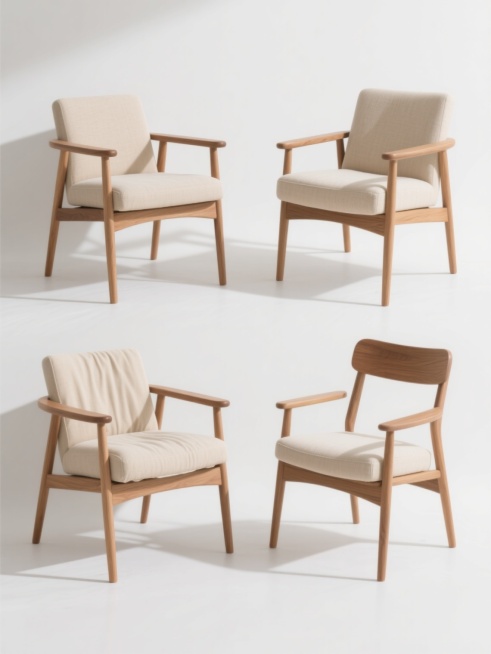 四个不同设计的现代简约风格椅子，以规整网格排布在纯白色背景上，每个椅子保持原木色实木框架与浅米色布艺坐垫的材质搭配，展现清晰的产品摄影光影效果，柔和自然光从左上方照射形成轻微阴影，突出木质纹理和布艺褶皱细节，整体构图平衡对称，无任何文字、logo或水印元素。预览效果