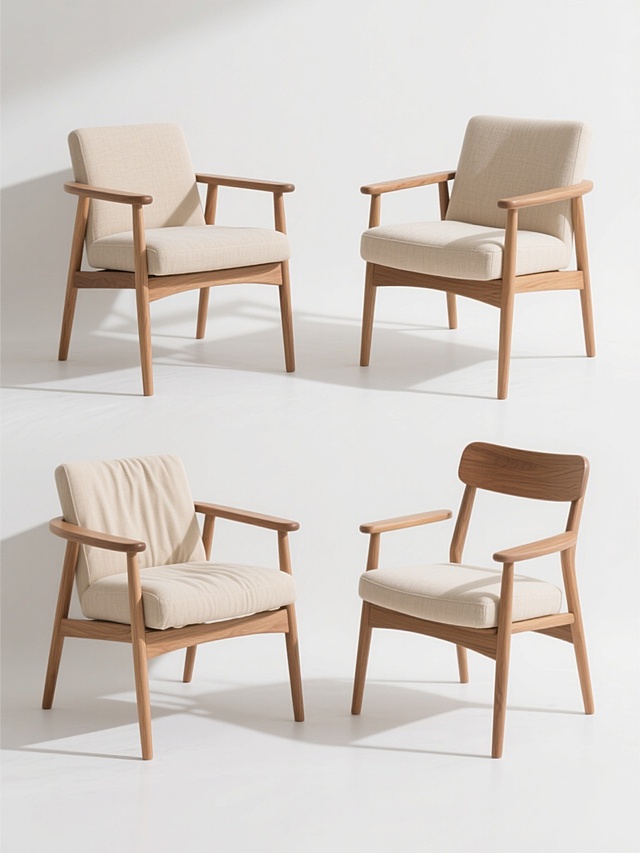 四个不同设计的现代简约风格椅子，以规整网格排布在纯白色背景上，每个椅子保持原木色实木框架与浅米色布艺坐垫的材质搭配，展现清晰的产品摄影光影效果，柔和自然光从左上方照射形成轻微阴影，突出木质纹理和布艺褶皱细节，整体构图平衡对称，无任何文字、logo或水印元素。