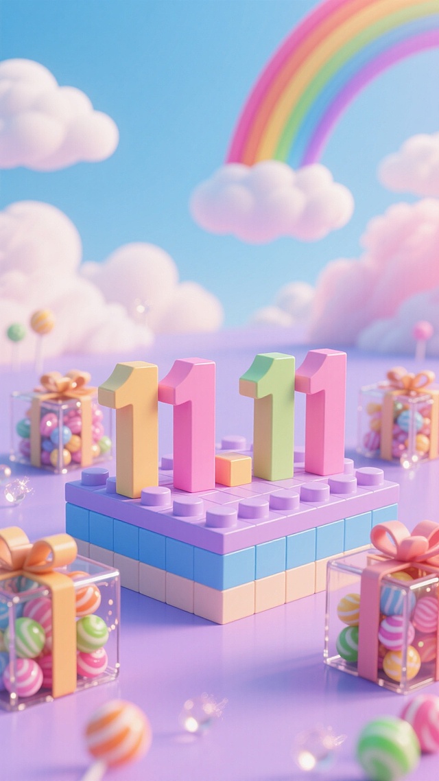 梦幻糖果世界，软3D风格的11.11数字积木蛋糕，搭配彩虹云朵与透明礼盒糖果，萌趣可爱，充满甜蜜节日氛围。