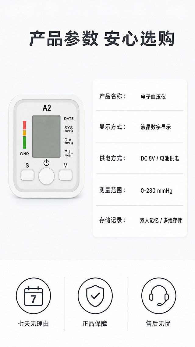 [第8屏] 规格参数与售后保障屏，展示血压仪完整信息和售后承诺。保留原血压仪完整产品外观在画面左侧，与输入图片结构颜色完全一致。[氛围/风格] 规整清晰，信息全面，简约专业的电商详情页收尾风格。[元素布局] 产品放在画面左侧偏上位置，占画面约40%；右侧为规格参数区域，底部为售后保障图标区域，整体排版规整，分区清晰，背景干净。产品结构和外观完全保留原图设计，不得修改。[光影质感] 均匀布光，产品清晰，参数区域文字对比度足够，阅读轻松。[配色色系] 全局底色：#F8FAFC；产品：白色机身；参数区：白色卡片+浅灰色分割线；文字：黑色参数，深灰色标题。[视角构图] 左产品右信息，底部保障图标，从上到下排版规整，符合竖屏浏览逻辑。[文字版式] 顶部主标题「产品参数 安心选购」加粗深灰色；右侧规格参数表包含：产品名称、显示方式、供电方式、测量范围、存储记录，文字清晰对齐；底部三个售后保障图标，分别标注「七天无理由」「正品保障」「售后无忧」，每个图标配短标签，整齐排列，清晰易读。[比例分辨率] 9:16竖版比例，4K分辨率，所有文字清晰可辨。[负向提示词] 产品变形，结构错误，参数文字模糊，排版混乱，虚假承诺，绝对化用语。