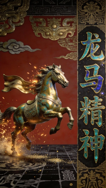 马年新春贺岁海报核心元素：主角塑造一匹青铜鎏金般的战马形象，肌理似古器斑驳，腾跃时周身迸发火星，马尾如旌旗展卷，洋溢古拙雄健之气色彩基调：背景铺陈暗朱砂漆色，叠印青铜饕餮纹与玄黑底格，塑造钟鼎铭文般的预览效果