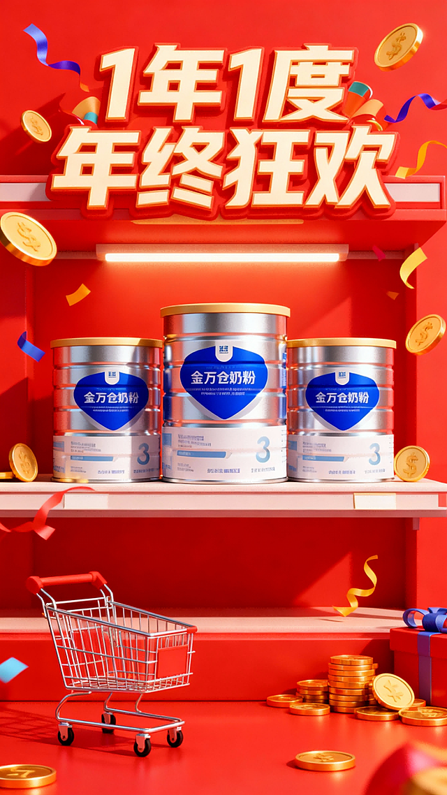 C4D 风格，以红色为主色调的产品促销场景，将图中产品放置于货架，搭配迷你购物车等元素，周围有金币、彩带，添加“1年1度年终狂欢”文字，营造热闹的促销氛围，光线明亮且有氛围感