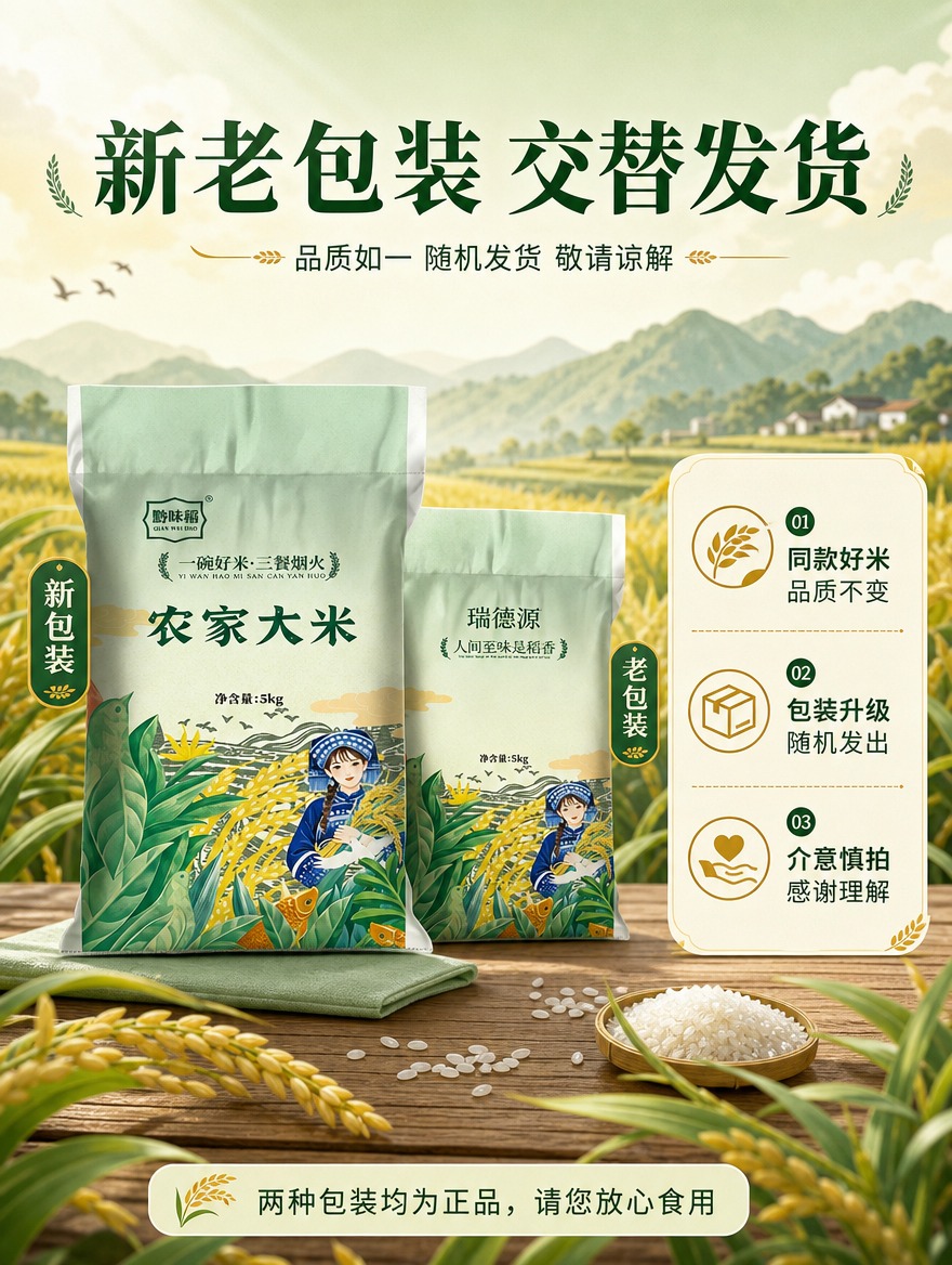 [商品] 使用【图1】新包装（黔味稻·农家大米 5kg）和【图… - 图片创意预览